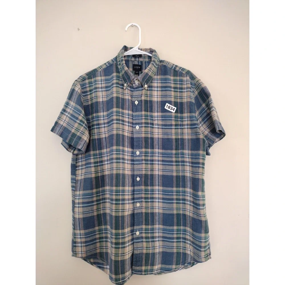 J. Crew Button Down Shirt Man‎ L Green Blue Plaid Short Sleeve Linen Blend Slim